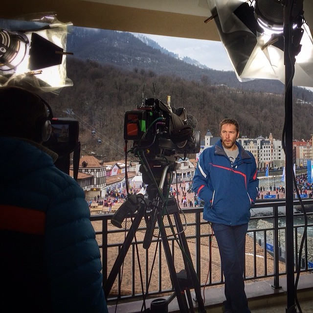 Bode Miller getting ready for his live shot from the mountains of Rosa Khutor earlier today #SochiTODAY #TeamUSA