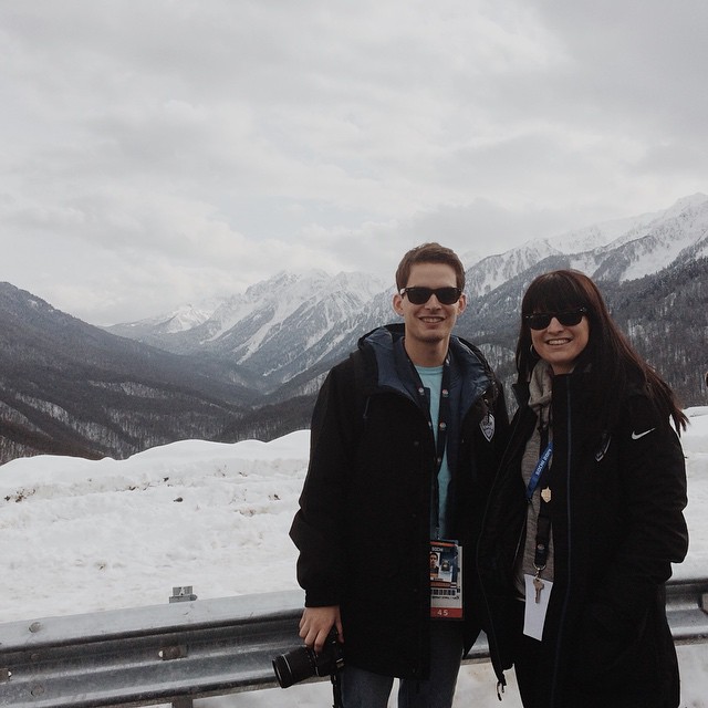 Can't believe I was in Russia a year ago today. Pictured here trying to suck up to my boss, @lucymillsss, during our first trip into the mountains. #tbt #Sochi2014